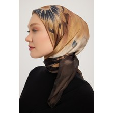 Schaless Güneş Çiçeği - Kahverengi - Aurora Desenli Janjan Eşarp - 90X90 cm