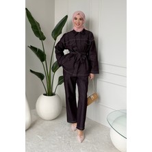 Tesettür Diyarı Bovon Denim Ceket Pantolon Tesettür Takım- Mürdüm