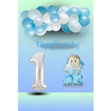 Tedaks Frozen Tema Prenses Folyo Balon Mavi Beyaz Balon Gümüş Rakam Mavi Banner Doğum Günü Seti
