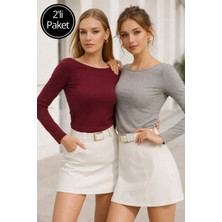 Rich Kadın Grimelanj-Bordo 2'li Paket Kayık Yaka Uzun Kollu Bluz