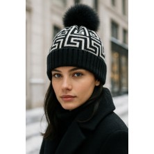 Yake Store  Kadın Bej Desenli Ponponlu Yünlü Bere BERE1144 - Siyah