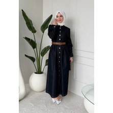 Tesettür Diyarı Laris Boydan Düğmeli Kemerli Denim Tesettür Elbise- Lacivert