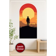 KOSS Dijital Oval Şekilli Kovboy Silüetli Gün Batımı Sticker Batı Temalı Çöl Manzarası Dekoratif Duvar