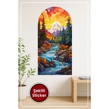 KOSS Dijital Oval Şekilli Vitray Dağ Manzarası Sticker Gün Doğumu Akarsu Temalı Dekoratif Duvar Manzara