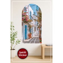KOSS Dijital Oval Şekilli Akdeniz Sokak Sticker Mavi Beyaz Tonlarda Çiçekli Manzara Dekoratif Duvar Sticker