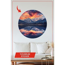KOSS Dijital Alevli Gün Batımı Dağ Manzarası Temalı Yuvarlak Sticker Modern Doğa Duvar Dekoru