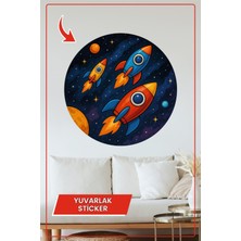 KOSS Dijital Roketler Uzay Yuvarlak Sticker Mavi Turuncu Temalı Dekoratif Çıkartma Çocuk Odası Duvar Dekoru