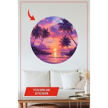 KOSS Dijital Tropik Gün Batımı ve Palmiye Ağaçlı Manzara Yuvarlak Sticker Renkli Duvar Dekoru
