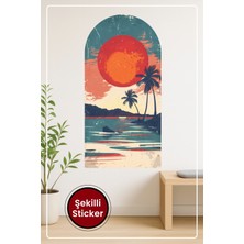 KOSS Dijital Oval Şekilli Manzara Sticker Tropik Gün Batımı ve Palmiye Temalı Duvar Sticker