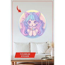 KOSS Dijital Renkli Saçlı Kedi Kız Yuvarlak Sticker Pastel Tonlarda Dekoratif Çizim Duvar Süsü