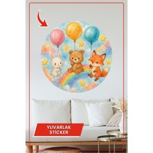 KOSS Dijital Balonlu Hayvanlar Yuvarlak Sticker Gökkuşağı Üzerinde Tavşan Ayı Tilki Temalı Dekoratif Çıkartma