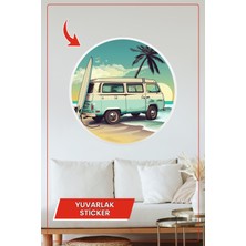 KOSS Dijital Retro Karavan Yuvarlak Sticker Sahil ve Palmiye Desenli Dekoratif Çıkartma Ev Ofis Duvar Dekoru
