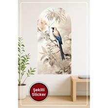 KOSS Dijital Oval Şekilli Tropik Kuş Sticker Bej Mavi Tüyler ve Yapraklı Arka Planlı Duvar Dekoru