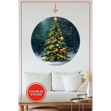 KOSS Dijital Yılbaşı Çam Ağacı Yuvarlak Sticker Dekoratif Çıkartma Kar Taneli Tasarım Ev Ofis Duvar Dekoru