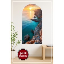 KOSS Dijital Oval Şekilli Manzara Sticker Kayalık Sahil ve Gün Batımı Temalı Duvar Sticker