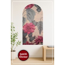 KOSS Dijital Oval Şekilli Pastel Çiçek Sticker Bej Zemin Üzerinde Büyük Yapraklı Duvar Sanatı Dekoru