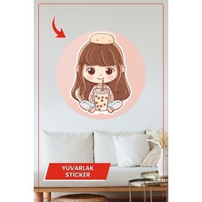 KOSS Dijital Kahverengi Saçlı Tatlı Kız ve Içecek Temalı Yuvarlak Sticker, Sevimli Duvar Dekoru