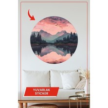KOSS Dijital Dağ Manzarası Gün Batımı Yuvarlak Sticker Doğa Temalı Dekoratif Çıkartma Ev Ofis Duvar Dekoru