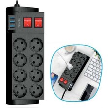 Go İthalat Isıya Dayanıklı Termal Akım Korumalı 2 Metre 16A 4000W 8li Priz ve 3 USB Li Uzatma Kablosu (5468)