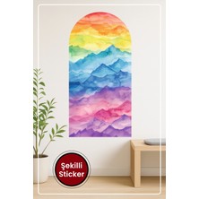 KOSS Dijital Oval Şekilli Renkli Dağlar Sulu Boya Tarzı Katmanlı Geçişli Tonlarda Duvar Sticker