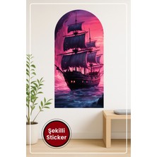 KOSS Dijital Oval Şekilli Yelkenli Gemi Sticker Pembe Gün Batımı ve Dalga Temalı Dekoratif Duvar Manzara