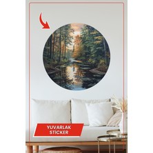 KOSS Dijital Sonbahar Ormanı ve Nehir Yansımalı Yuvarlak Sticker Doğa Temalı Dekoratif Duvar Sanatı