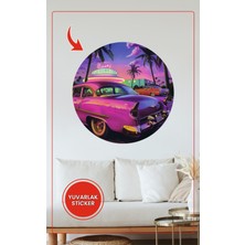 KOSS Dijital Retro Araba Yuvarlak Sticker Palmiye ve Neon Tasarım Dekoratif Çıkartma Ev Ofis Duvar Dekoru