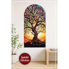 KOSS Dijital Oval Şekilli Vitray Ağaç Sticker Renkli Yapraklar ve Gün Batımı Temalı Dekoratif Duvar Manzara
