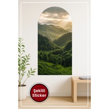 KOSS Dijital Oval Şekilli Gerçekçi Dağ Manzarası Güneş Işıklı Orman ve Vadi Temalı Duvar Sticker