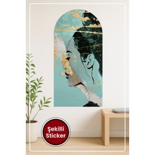 KOSS Dijital Oval Şekilli Kadın Profil Sticker Teal Zeminli Altın Efektli Sanatsal Duvar Dekorasyonu Sticker