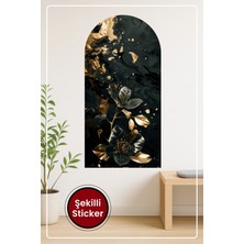 KOSS Dijital Oval Şekilli Zarif Çiçek Altın Efektli Yapraklı Siyah Zeminli Dekoratif Duvar Sticker