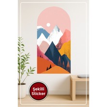 KOSS Dijital Oval Şekilli Sanatsal Dağlar Mavi Pembe Turuncu Tonlu Güneş Figürlü Duvar Sticker