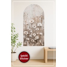 KOSS Dijital Oval Şekilli Çiçek Desenli Sticker Bej Beyaz Tonlarda Zarif Doğal Sanatsal Duvar Sticker