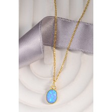 Altın Kaplama 925 Ayar Gümüş Oval Kesim Mavi Opal Taşlı Kolye Model Kodu: 847