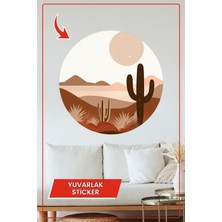 KOSS Dijital Kaktüs ve Çöl Manzaralı Yuvarlak Sticker Bej Kahve Tonlarda Modern Boho Dekoratif Ev Ofis Çıkartma