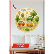 KOSS Dijital Renkli Arabalar Yuvarlak Sticker Ağaçlı Yol ve Balon Temalı Çocuk Odası Dekoratif Çıkartma