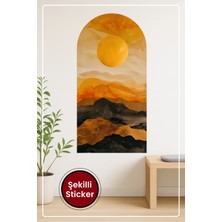 KOSS Dijital Oval Şekilli Soyut Manzara Sticker Turuncu Güneşli Katmanlı Dağ Temalı Duvar Dekoru