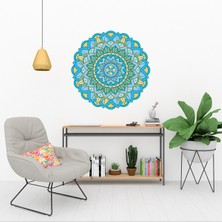 KOSS Dijital Mandala Koleksiyonu Mavi Çiçek Deseni Yuvarlak Sticker, Yuvarlak Duvar Stickerı Çiçekli Duvar Dekoru