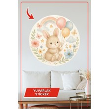 KOSS Dijital Sevimli Tavşan Yuvarlak Sticker Balonlu Gökkuşağı Çiçekli Pastel Temalı Dekoratif Çıkartma Dekoru