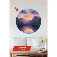 KOSS Dijital Mor Gün Batımı Dağ ve Göl Manzarası Temalı Yuvarlak Sticker Dekoratif Duvar Sanatı