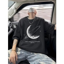 ModaSize Baskılı Oversize Bisiklet Yaka T-Shirt - Siyah