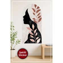 KOSS Dijital Oval Şekilli Sanatsal Desen Sticker Kadın Silüetli Pembe Yaprak Temalı Dekoratif Duvar Sticker