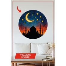 KOSS Dijital Cami Silüeti Renkli Gökyüzü Yuvarlak Sticker Dekoratif Çıkartma Duvar Ev Ramazan Bayram Tasarımı