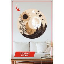 KOSS Dijital Ay ve Güneş Temalı Yuvarlak Sticker Boho Stil Bej Kahve Tonlarda Dekoratif Ev Ofis Duvar Çıkartması