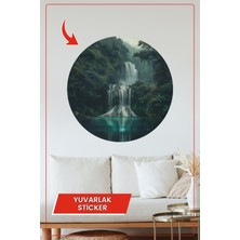 KOSS Dijital Orman Şelalesi Manzarası Yuvarlak Sticker Doğal Yeşil Tonlarda Huzur Veren Dekoratif Çıkartma