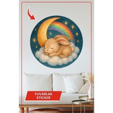 KOSS Dijital Uyuyan Tavşan Yuvarlak Sticker Gökkuşağı ve Ay Temalı Bulut Üzerinde Sevimli Dekoratif Çıkartma