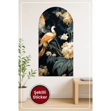 KOSS Dijital Oval Şekilli Kuşlu Çiçek Sticker Turuncu Beyaz Yapraklı Koyu Zeminli Duvar Dekoru