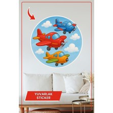 KOSS Dijital Uçaklar Gökyüzü Yuvarlak Sticker Mavi Bulutlu Temalı Dekoratif Çıkartma Çocuk Odası Duvar Dekoru