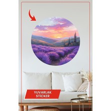 KOSS Dijital Lavanta Bahçesi Gün Batımı Manzaralı Yuvarlak Sticker Pembe Mor Tonlarda Duvar Dekoru