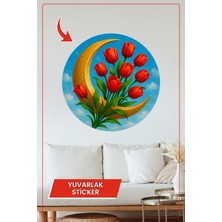 KOSS Dijital Hilal Ay Lale Tasarımlı Yuvarlak Sticker Dekoratif Çıkartma Duvar Ev Ofis Bahar Gökyüzü